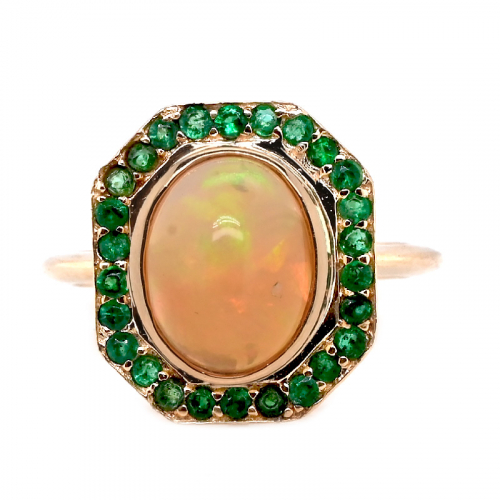 Ethiopian Opal Cab Oval 1.68 Carat Ring in 14K Yellow Gold with Emerald Accents