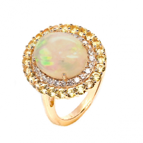 Ethiopian Opal Cab Oval 3.06 Carat Ring in 14K Yellow Gold with Diamond and yellow Sapphire Accents