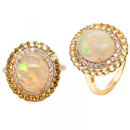 Ethiopian Opal Cab Oval 3.06 Carat Ring In 14k Yellow Gold With Diamond And Yellow Sapphire Accents