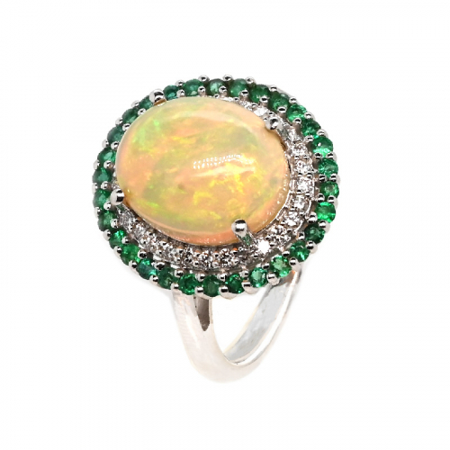 Ethiopian Opal Cab Oval 3.77 Carat Ring in 14K White Gold with Diamond and Emerald Accents