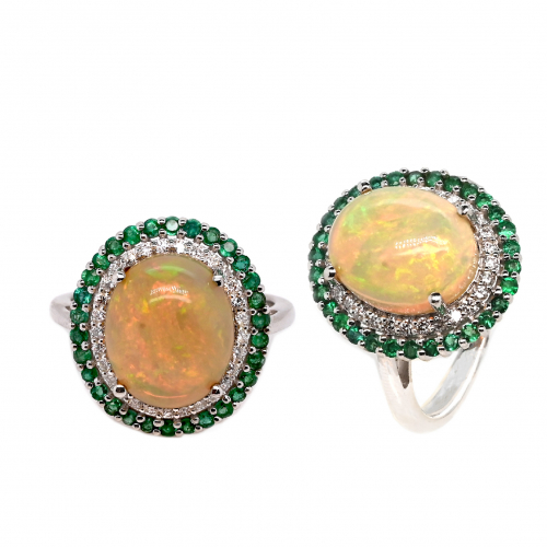 Ethiopian Opal Cab Oval 3.77 Carat Ring in 14K White Gold with Diamond and Emerald Accents