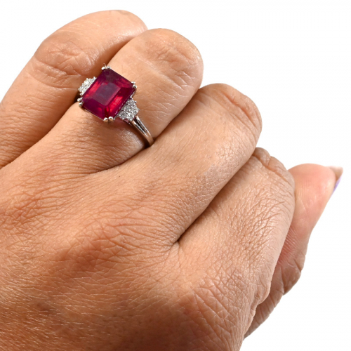 Madagascar Ruby Emerald Cut 5.25 Carat Rink In 14k White Gold With Diamond Accents