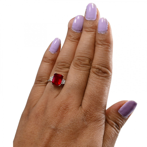 Madagascar Ruby Emerald Cut 5.25 Carat Rink in 14K White Gold with Diamond Accents