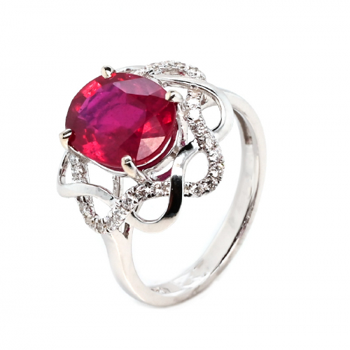 Madagascar Ruby Oval 3.65 Carat Ring in 14K White Gold with Diamond Accents