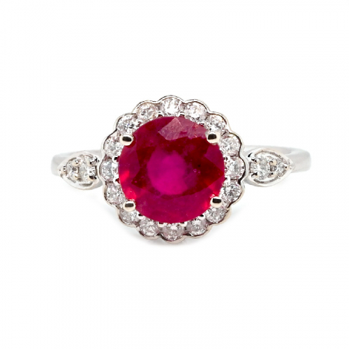 Madagascar Ruby Round 2.40 Carat Ring In 14k White Gold With Diamond Accents