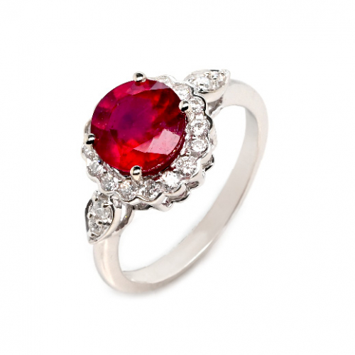 Madagascar Ruby Round 2.40 Carat Ring In 14k White Gold With Diamond Accents