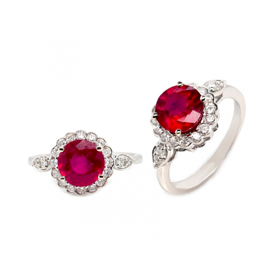 Madagascar Ruby Round 2.40 Carat ring in 14K White Gold with Diamond Accents