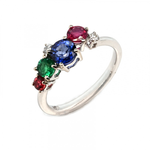 Multi Precious Stone Round 1.7 Carat Ring in 14K White Gold with Diamond Accents(Nigerian Sapphire, Padparadscha Sapphire, Emerald and Ruby)