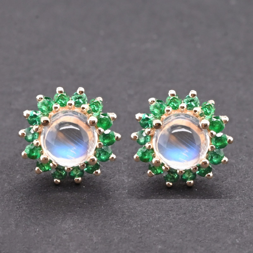 Rainbow Moonstone Round Cab 1.10 Carat Stud Earrings In 14k Yellow Gold With Emerald Accents