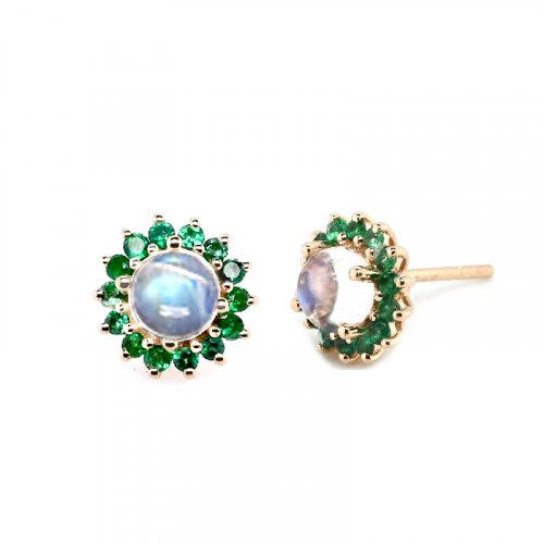 Rainbow Moonstone Round Cab 1.10 Carat Stud Earrings In 14k Yellow Gold With Emerald Accents