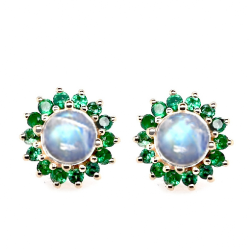 Rainbow Moonstone Round Cab 1.10 Carat Stud Earrings In 14k Yellow Gold With Emerald Accents