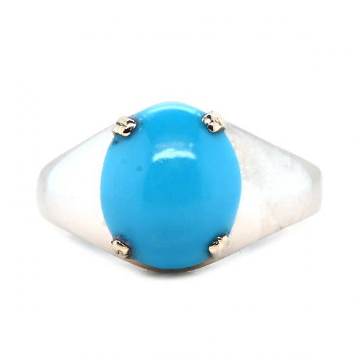 Turquoise Cab Oval 3.38 Carat Men's Ring In 14k White Gold